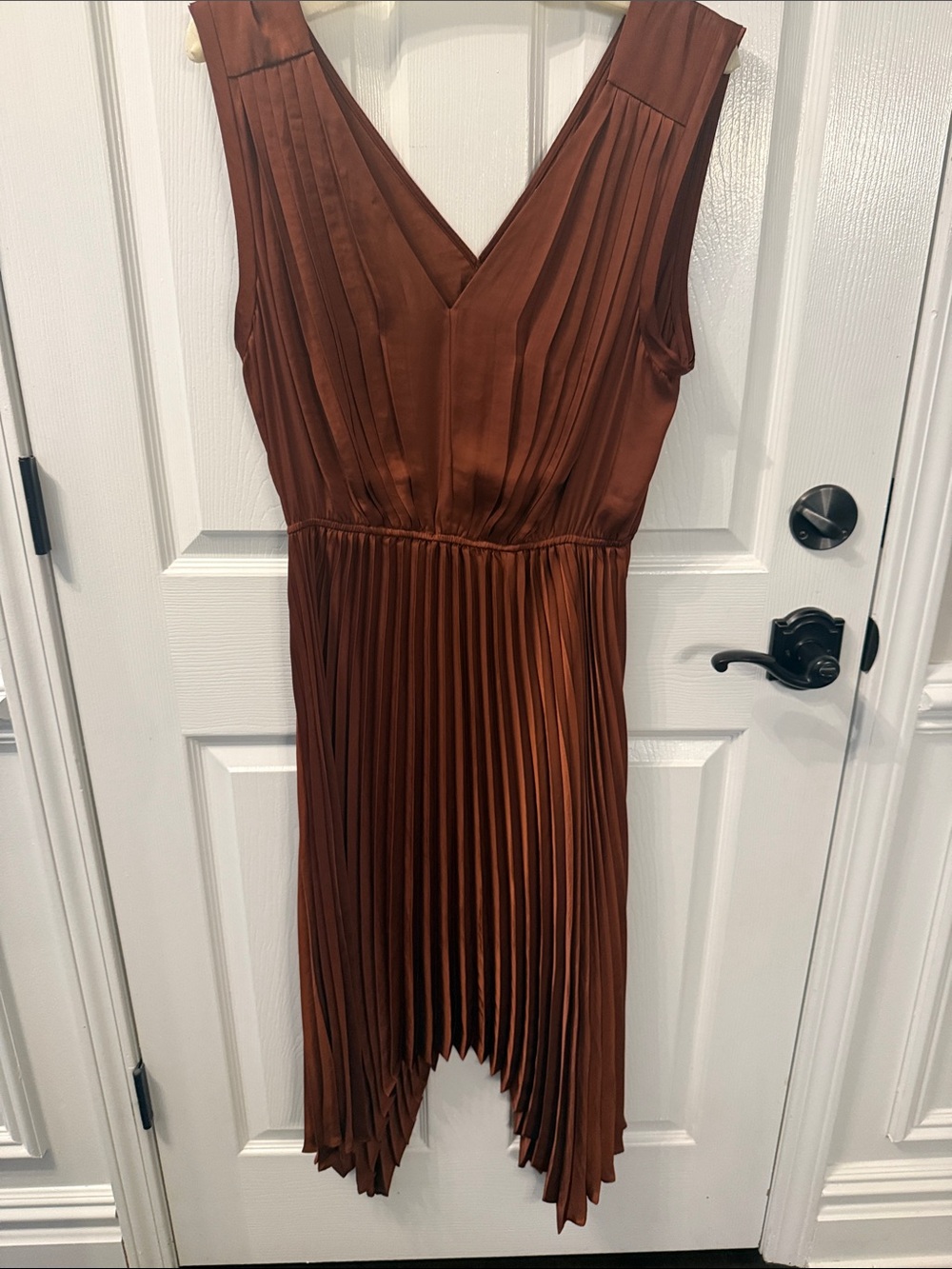 Steve Madden Copper Brown Pleated Asymmetrical V-Neck Dress